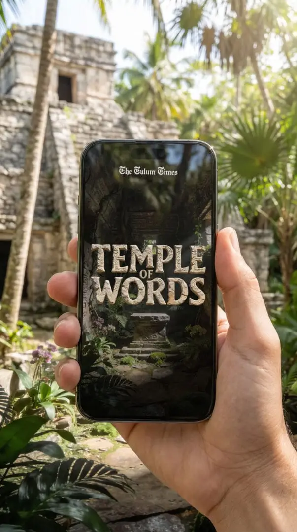 A hand holds a smartphone displaying an app screen in front of a stone temple structure surrounded by palm trees and tropical vegetation