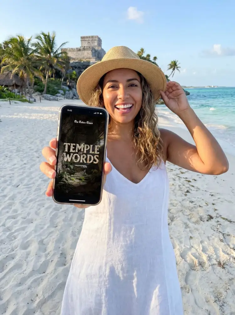 Woman in a white dress and straw hat holds up a smartphone displaying a "Temple Words" app on a beach with a stone structure and palm trees in the background