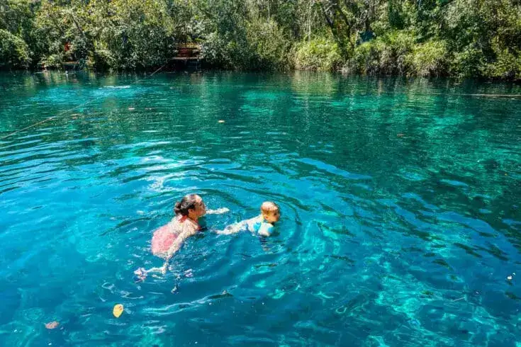 Two children swim in clear turquoise water surrounded by dense green vegetation along the shoreline