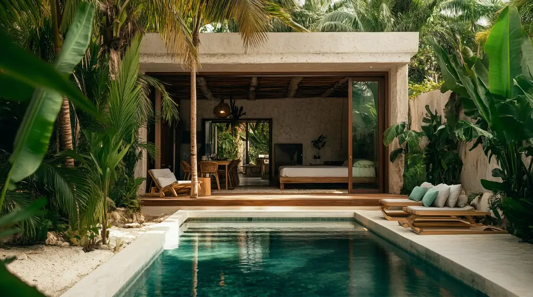 Investors bet on a richer Tulum A modern concrete house with open sliding glass doors faces a small pool surrounded by tropical vegetation and wooden decking