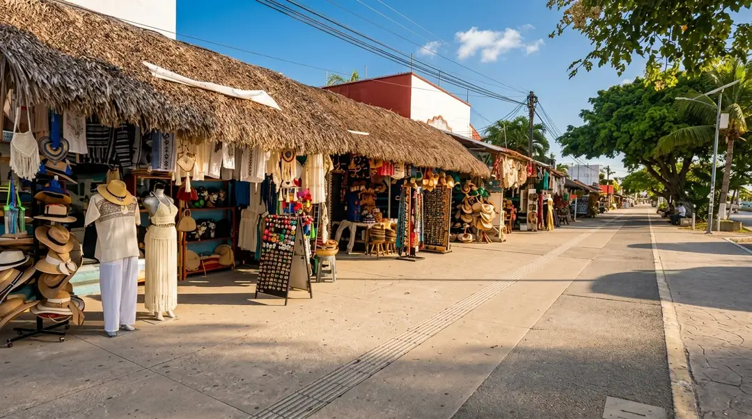 Tulum hotel closures reach 900 rooms Row of thatched-roof vendor stalls displaying clothing and crafts along a quiet street in a tropical setting
