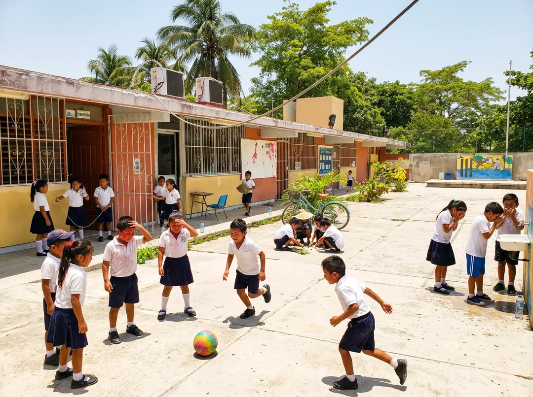 Elementary school children play soccer in a paved schoolyard surrounded by single-story buildings and palm trees under clear skies