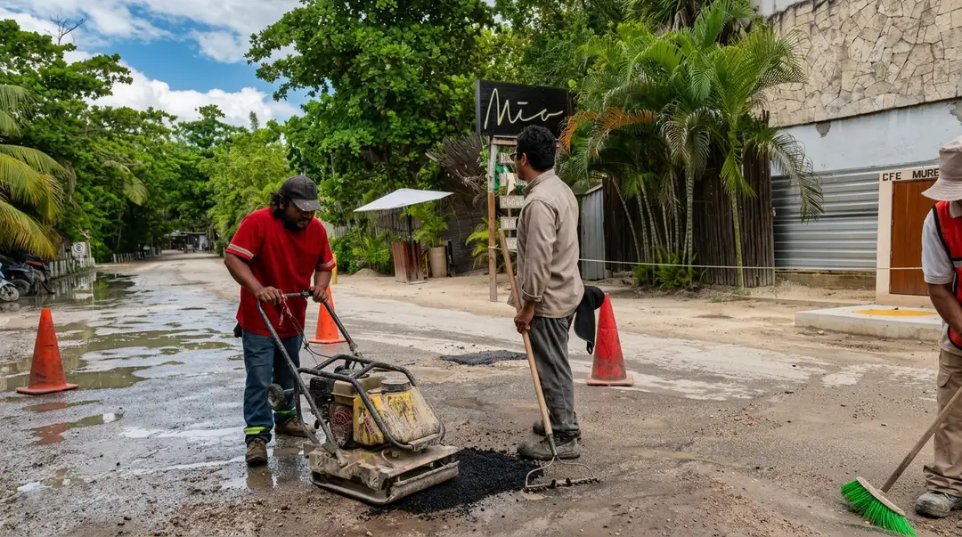 How Clogged Drains Make Tulum’s Pothole Problem Harder to See Two workers operate a compacting machine on a wet street lined with palm trees and tropical vegetation
