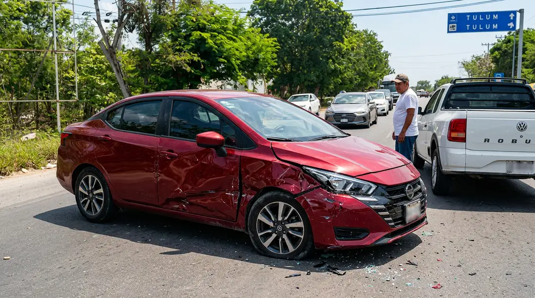 Red sedan with damage to its driver's side sits on a road with other vehicles nearby and a road sign visible overhead