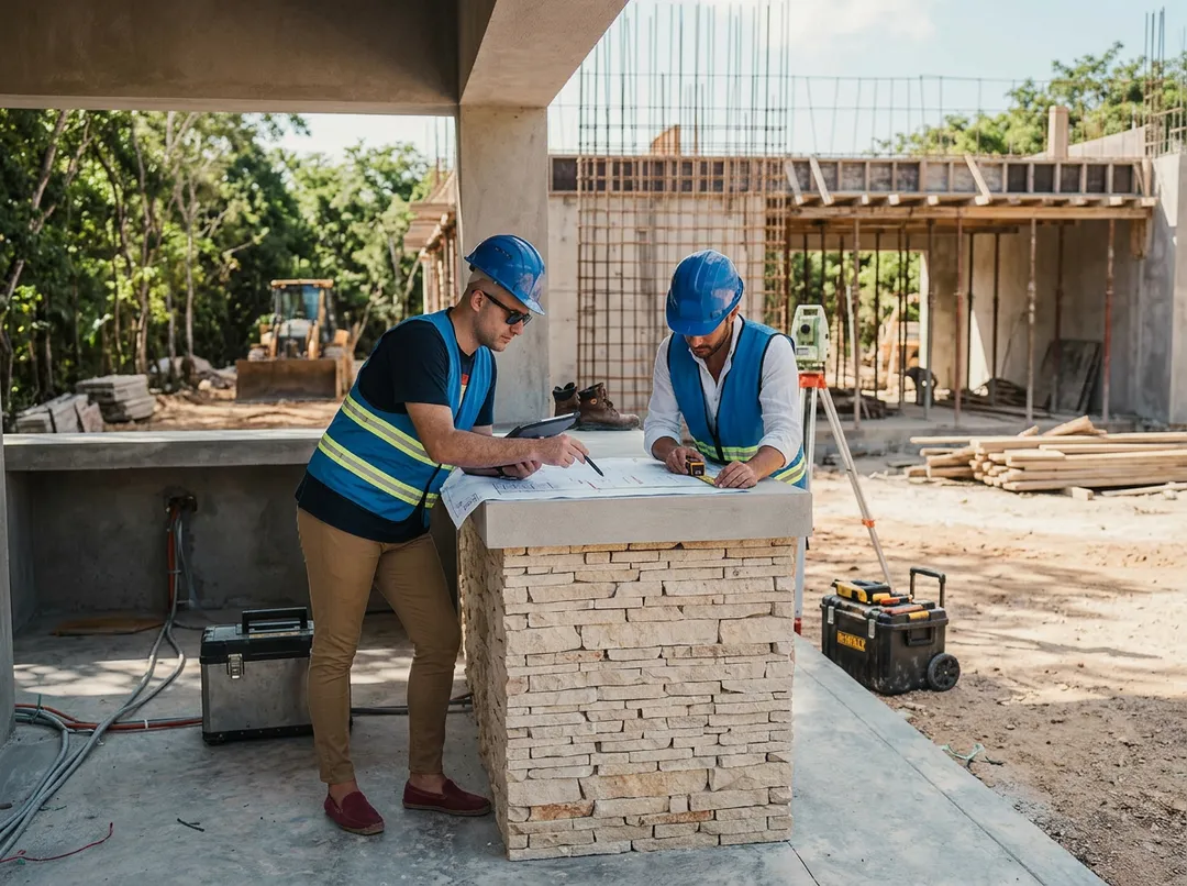 Two construction workers in hard hats and safety vests review blueprints at a building site with concrete structures and materials visible in the background