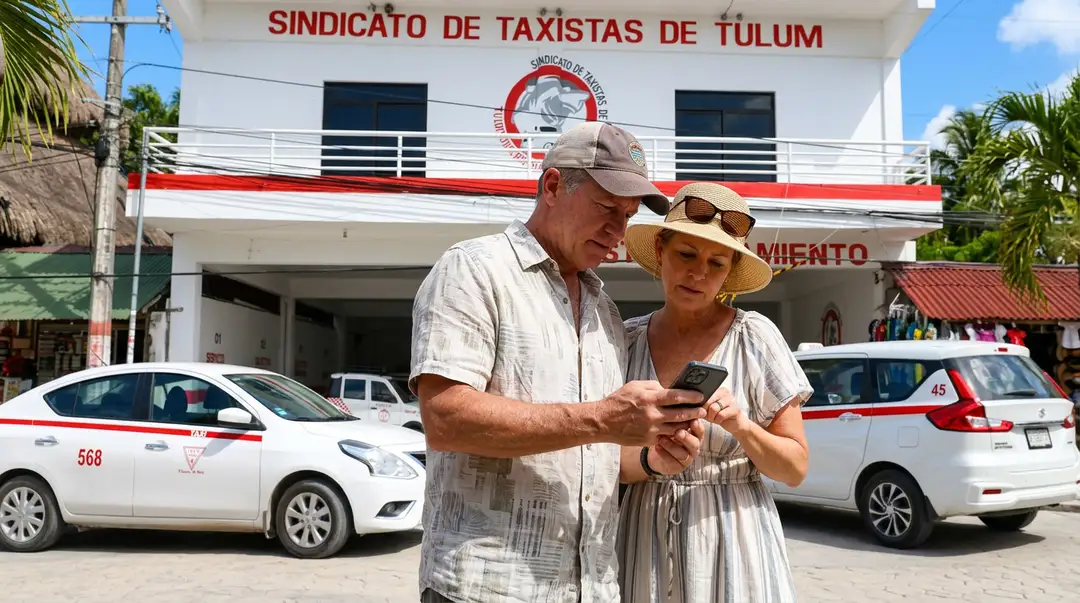 Two people in casual attire stand in front of a taxi union building, looking at a mobile phone together, with white and red taxis parked nearby