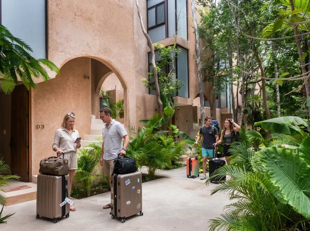 Guests with luggage stand in a tropical courtyard surrounded by lush plants and terracotta-colored buildings