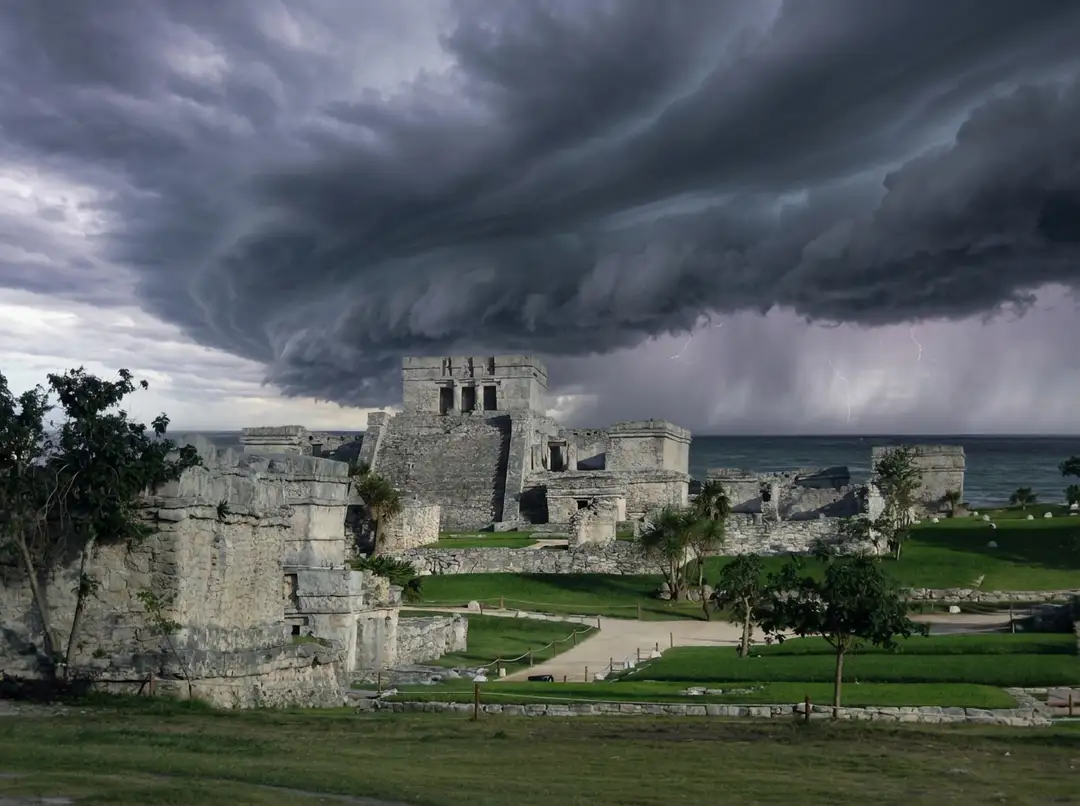 Stone ruins of a fortified structure sit on a grassy coast as a large rotating storm cloud formation looms overhead