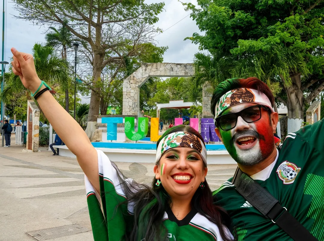 Two people wearing green and white sports attire celebrate with their fists raised in a public plaza with colorful letters and historic stone structures visible