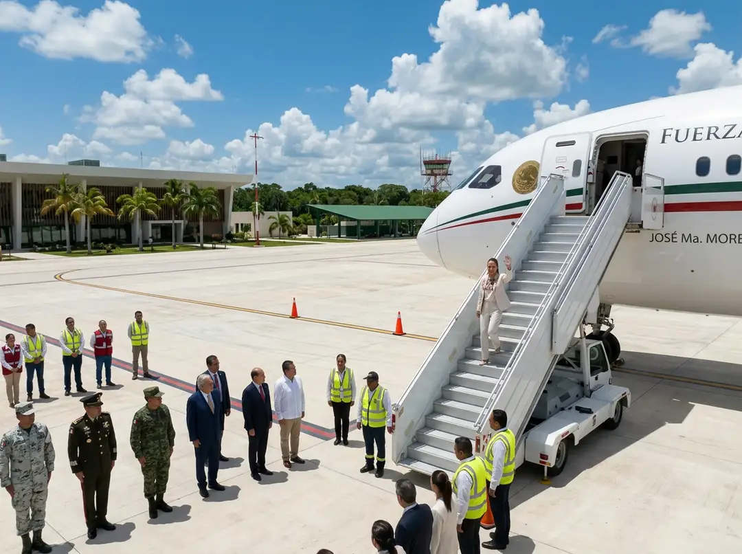Officials and airport staff gather on the tarmac as a passenger descends the stairs of a white government aircraft at an airport terminal
