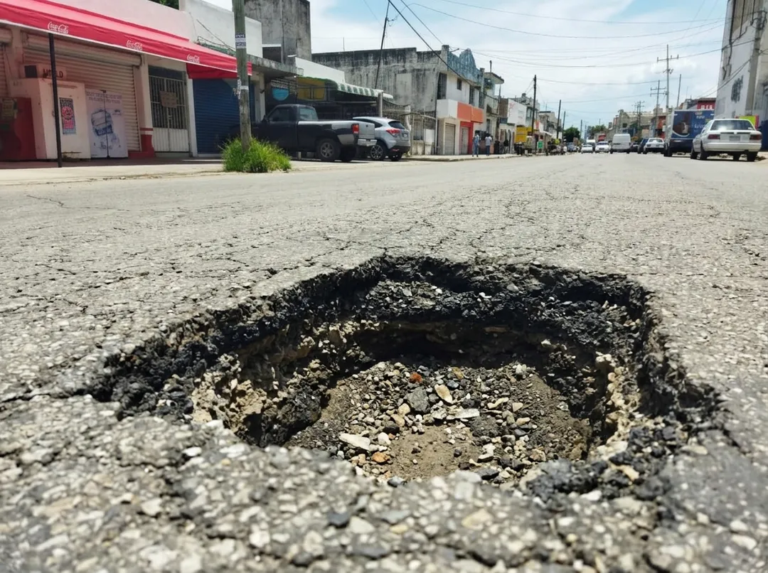 Could sargassum patch Tulum's potholes? Researchers test a bioasphalt idea A large pothole with crumbling asphalt edges sits in a residential street lined with colorful buildings and parked vehicles