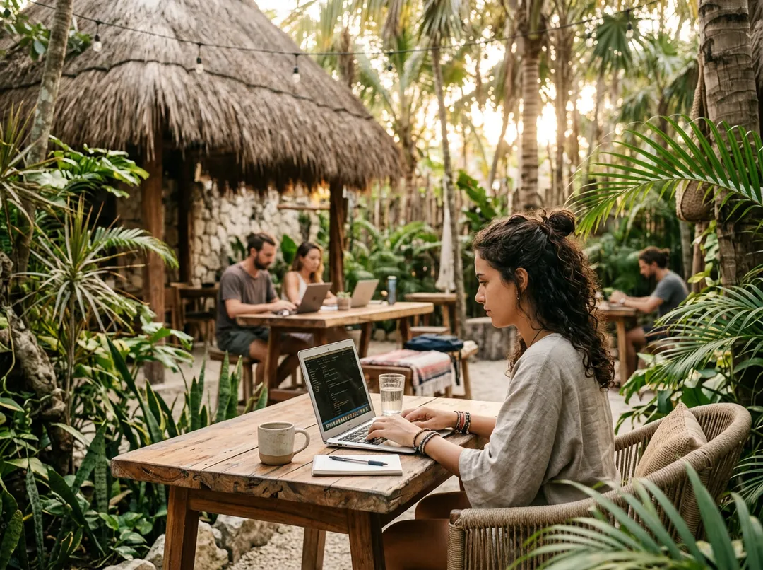 Woman typing on a laptop at a wooden table in a tropical garden with palm trees and a thatched-roof structure in the background