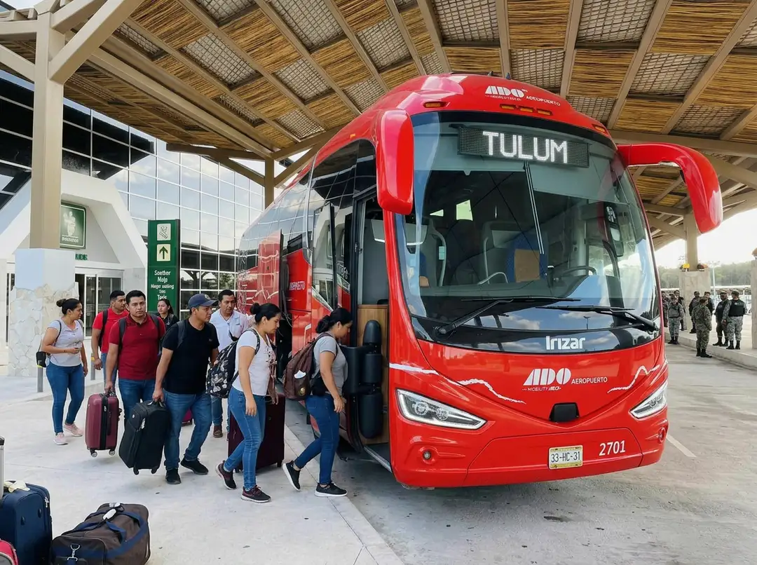 Passengers board a red ADO bus at an indoor station with wooden latticed ceiling panels