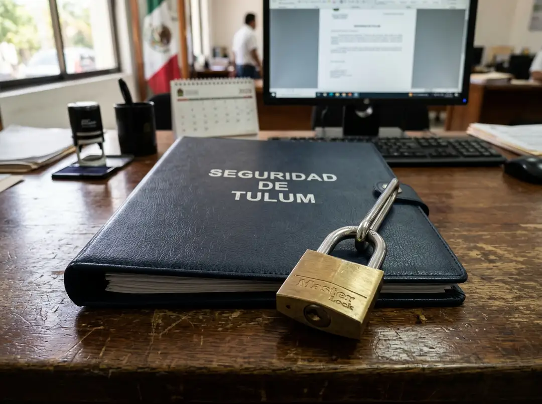 A padlock secures a dark blue folder labeled "Seguridad de Tulum" on a wooden desk in an office