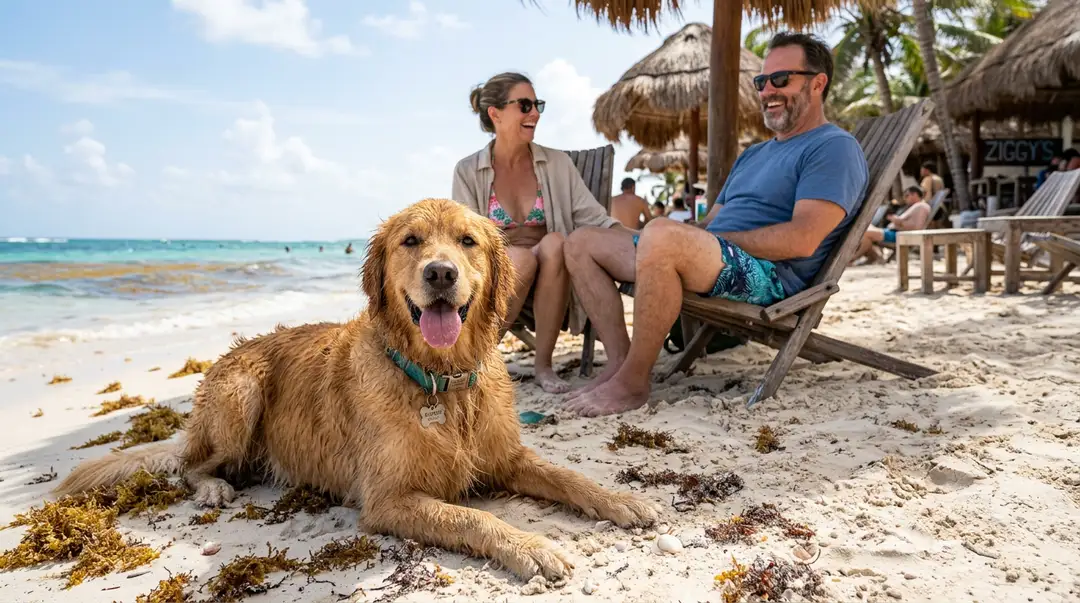 Golden retriever lying on sand while two people sit in beach chairs behind it, with ocean and thatched-roof structures visible in the background