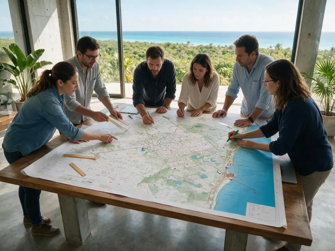 Six people gathered around a large map on a wooden table in a modern room overlooking a coastline and vegetation