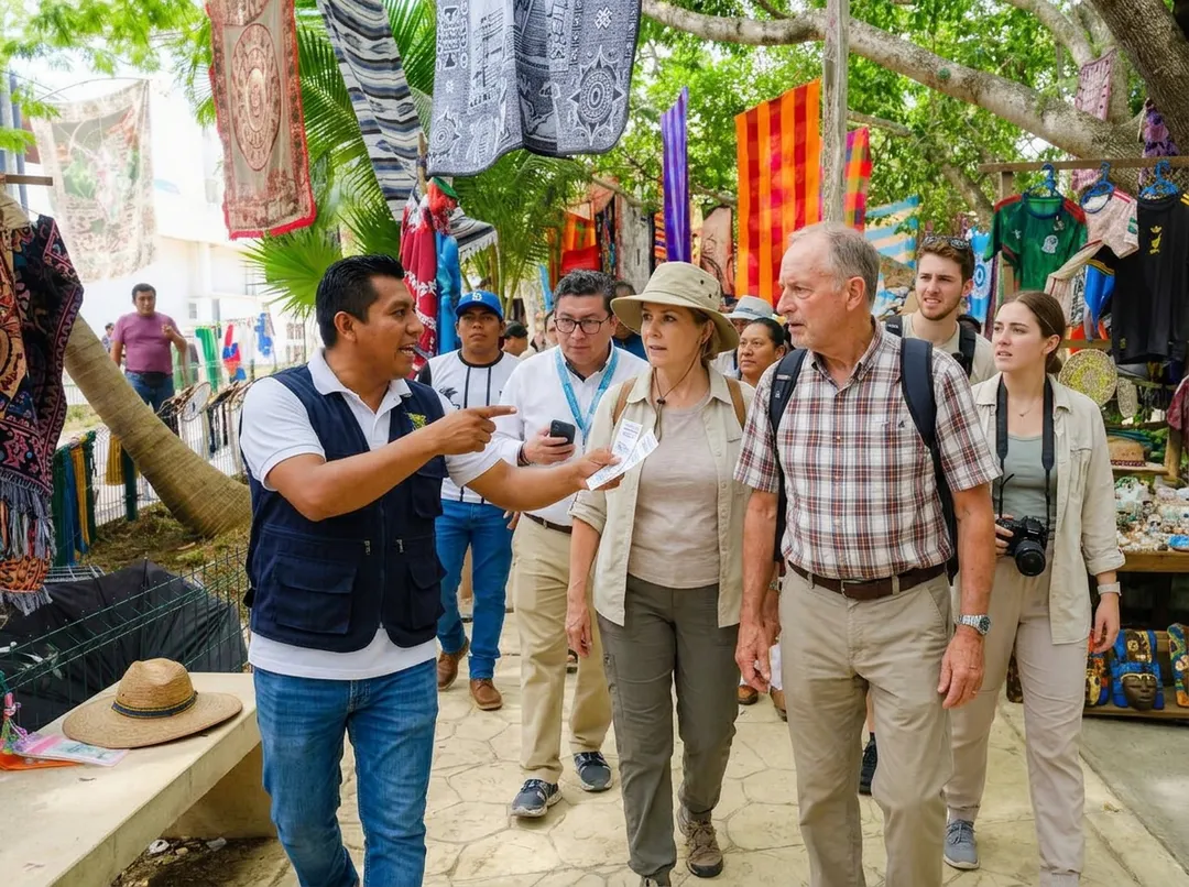Tourist Scams Near Parque del Jaguar Expose Control Gaps in Tulum A tour guide gestures while leading a group of visitors through an outdoor market lined with clothing and souvenirs under trees