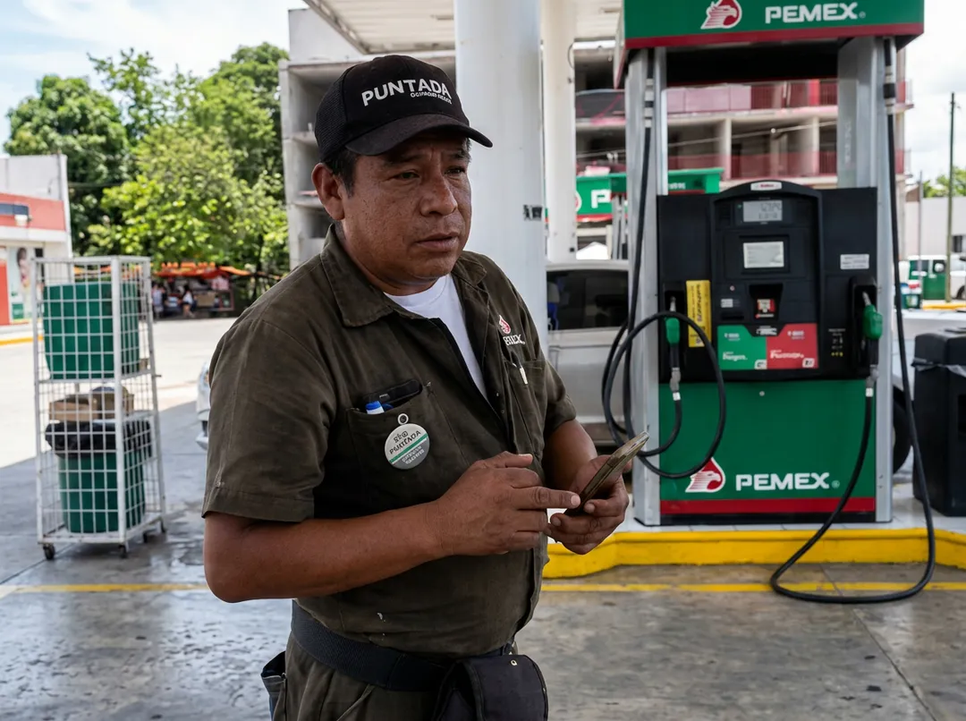 Gas station attendant holds a fuel pump nozzle while standing at a service station