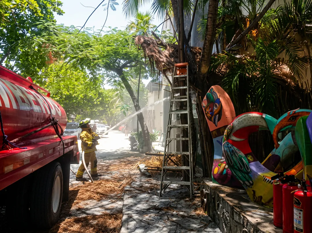 Hartwood restaurant fire burns the palapa roof but causes no injuries in Tulum Firefighters spray water on a burning palapa roof structure at a beachside restaurant while colorful decorative elements and equipment sit nearby