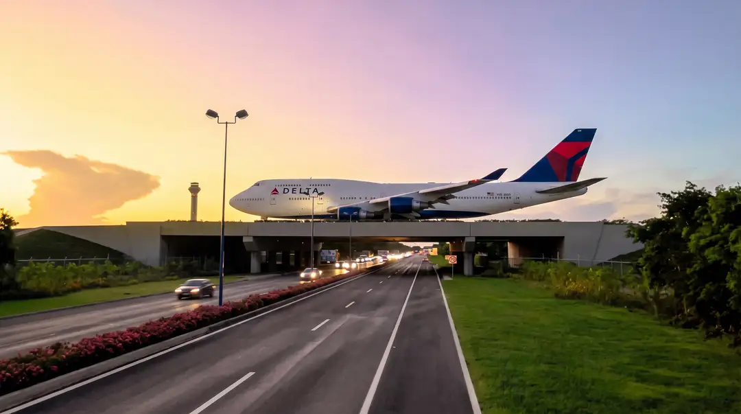 Large commercial aircraft flying low over a highway underpass at dusk with vehicles on the road below