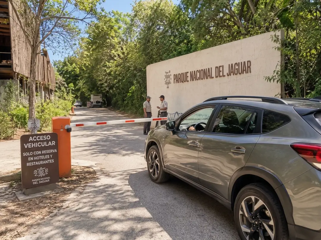 Three fees, one window, and a booth INAH no longer runs Gray SUV approaching an entrance gate at a park with an orange bollard and sign marking vehicle access, while staff members stand near the barrier