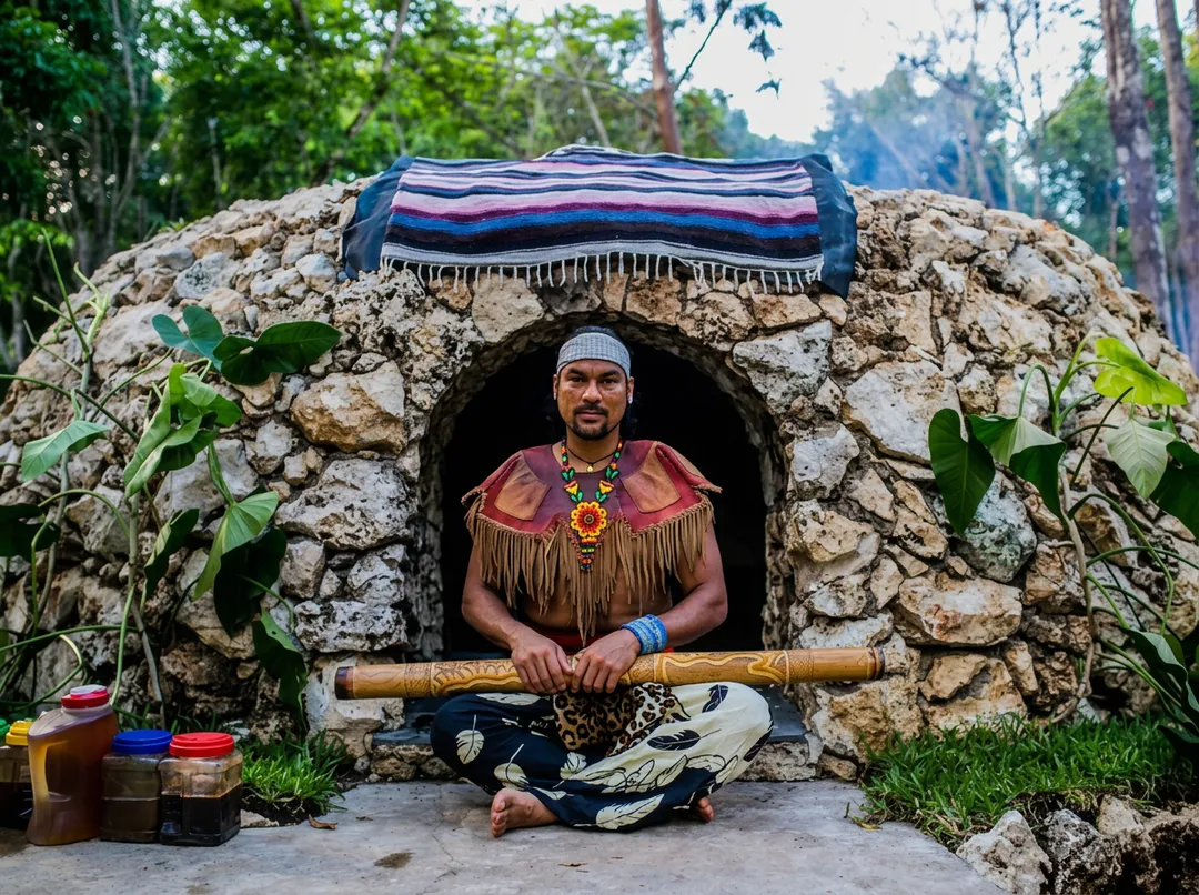 Man in traditional indigenous clothing sits in entrance of stone structure holding a wooden staff