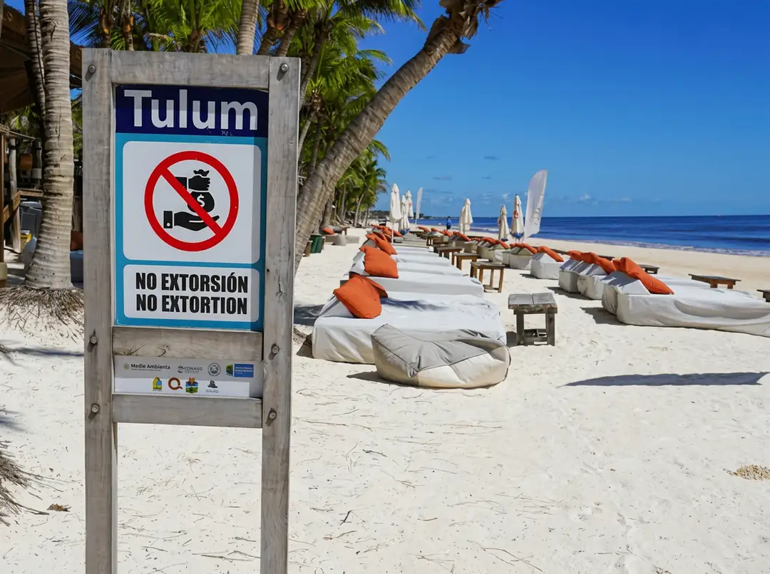 A sign warning against coral extraction stands on a beach lined with covered beach loungers and umbrellas along the ocean shore