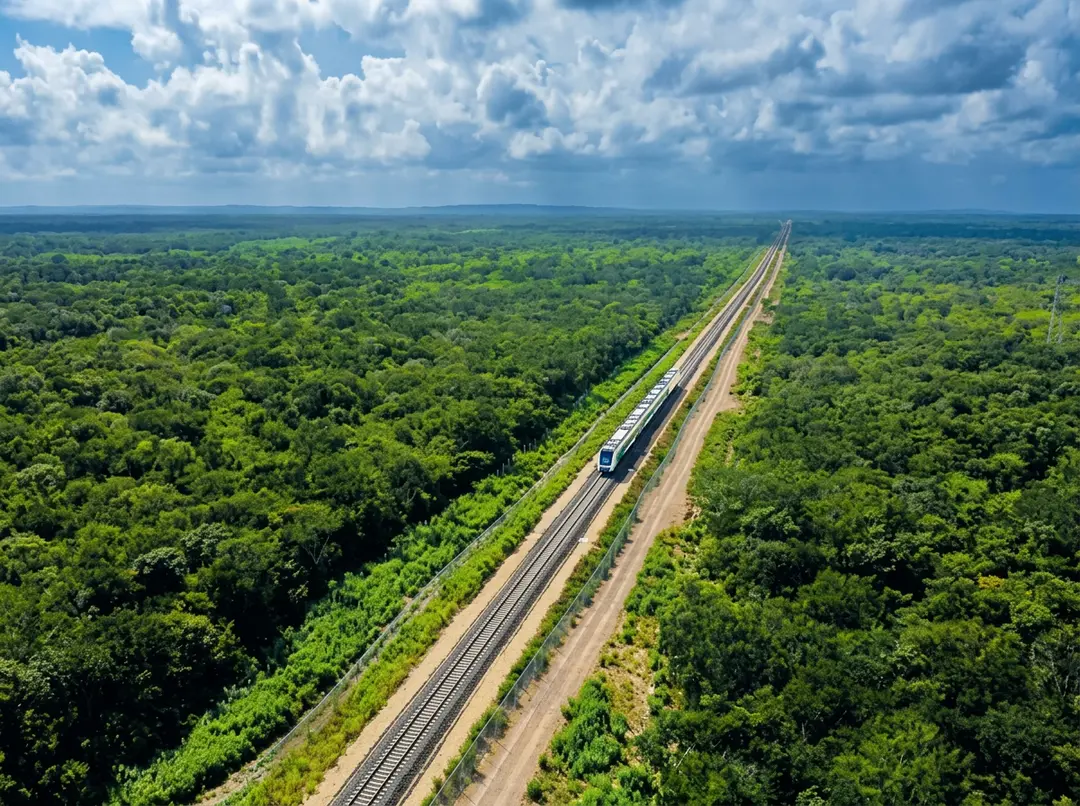 Aerial view of a train traveling along railroad tracks through dense green forest under a partly cloudy sky