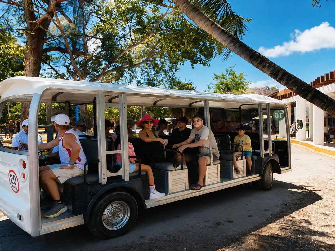 A white open-air shuttle bus filled with passengers travels through a tree-lined area on a sunny day