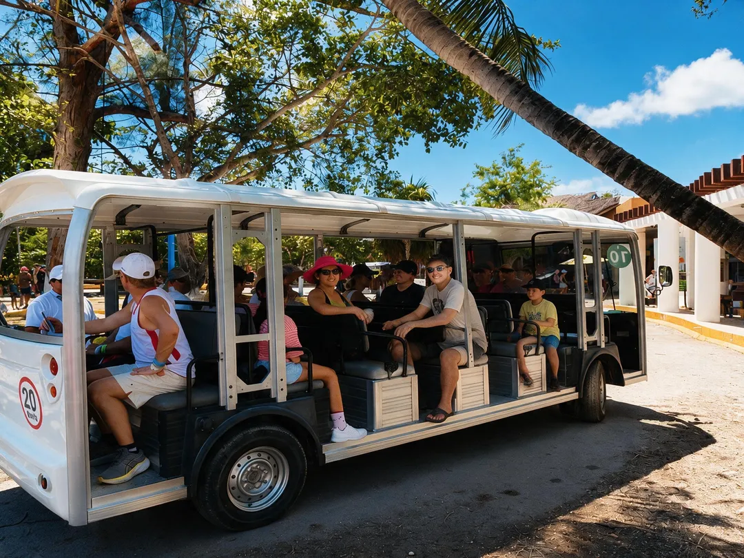 La caminata larga y calurosa hacia las ruinas de Tulum ahora cuesta 20 pesos en camión Camión abierto trasladó a turistas por una zona arbolada en día soleado