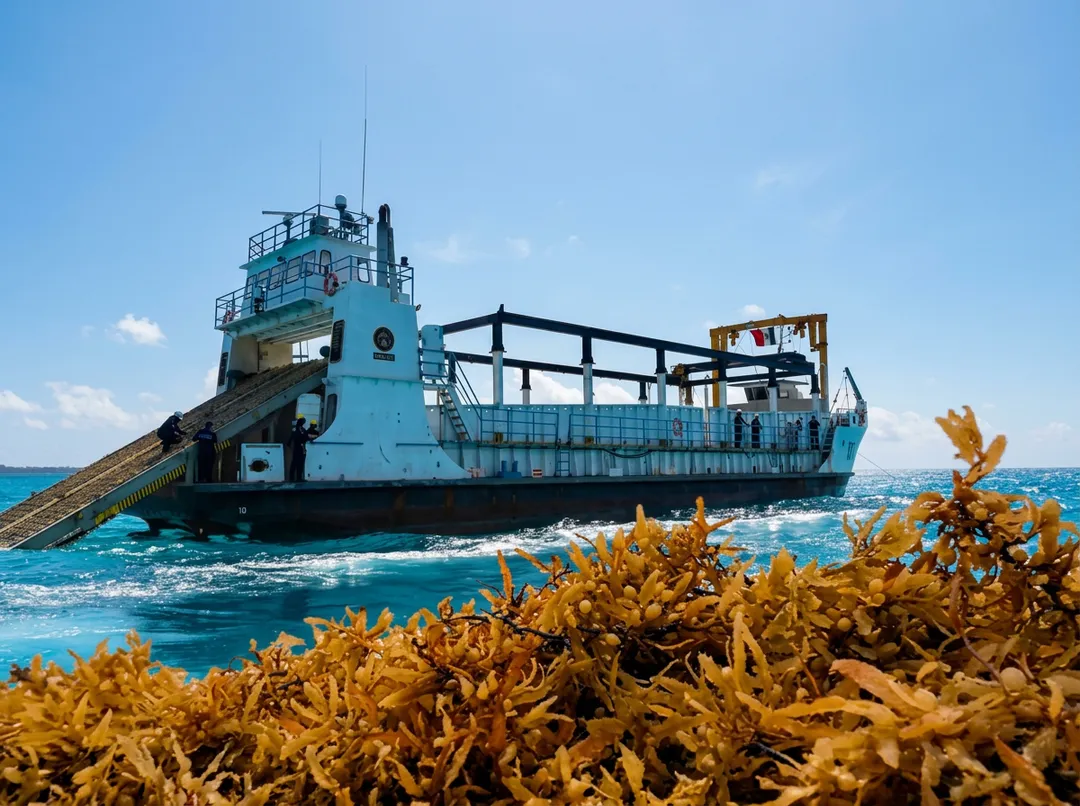 Sheinbaum weighs more vessels and barriers to stop sargassum reaching Quintana Roo beaches A blue and black cargo vessel with an elevated platform operates in turquoise ocean water near brown seaweed floating in the foreground