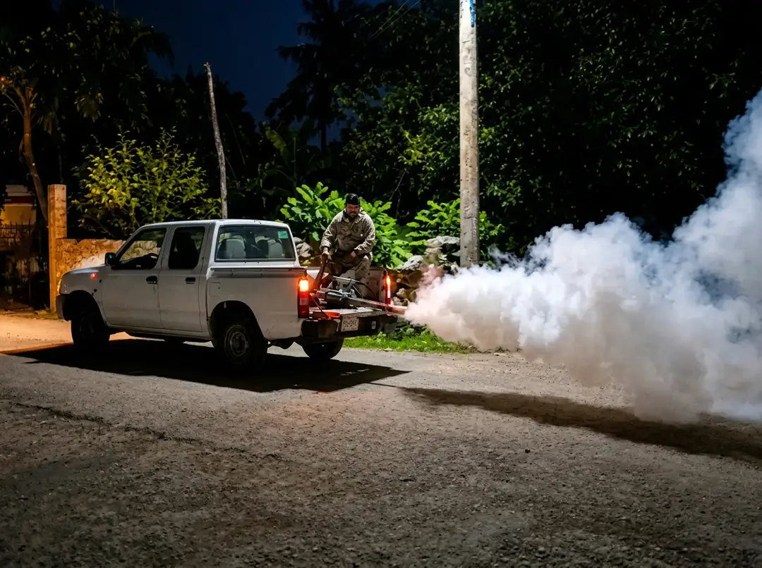 A worker sprays insecticide from a truck bed at night on a residential street surrounded by vegetation