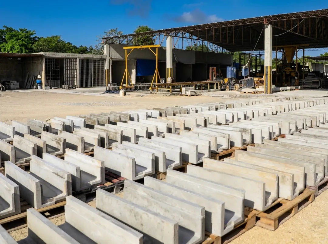 A sargassum concrete plant opens this Friday in Tulum as scale questions persist Concrete beams and blocks are arranged in rows at an industrial facility with metal buildings and structures in the background