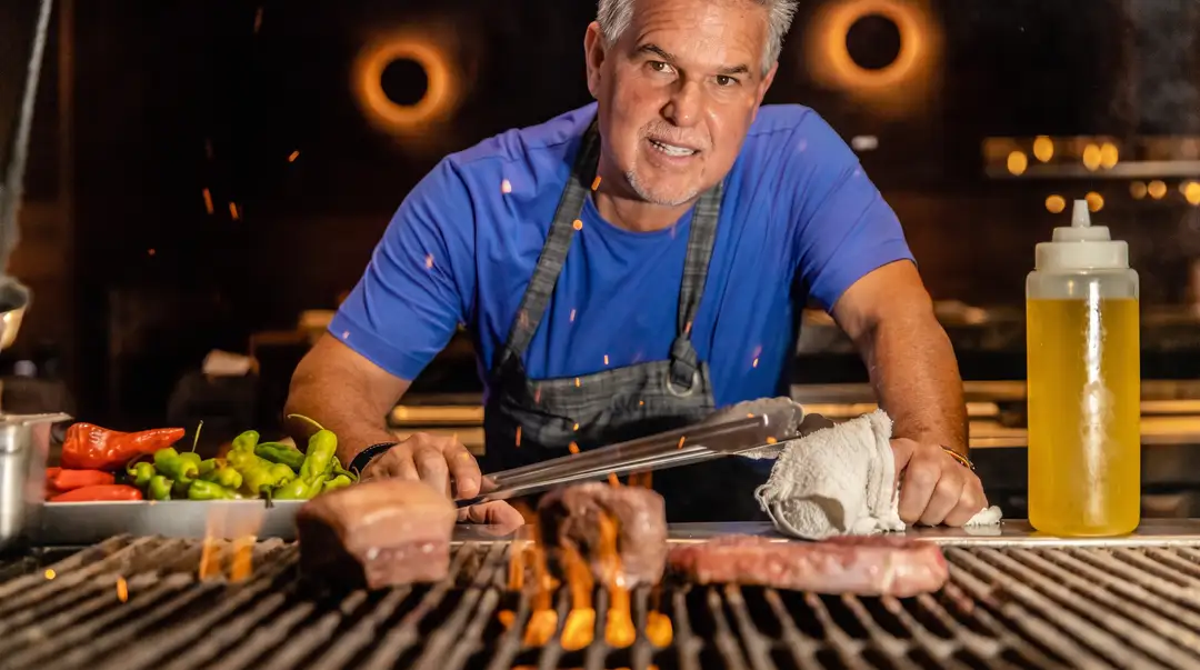 Houston has two Tulum themed restaurants Man in blue shirt and apron grilling food on an outdoor grill at night with fresh vegetables and oil bottle nearby