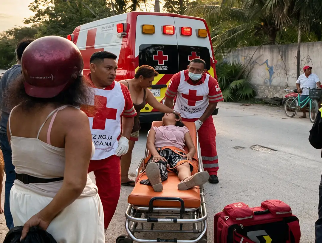 The vehicle that hit a pregnant woman in Tulum has no legal definition Red Cross paramedics load an injured person onto a stretcher beside an ambulance in a residential street