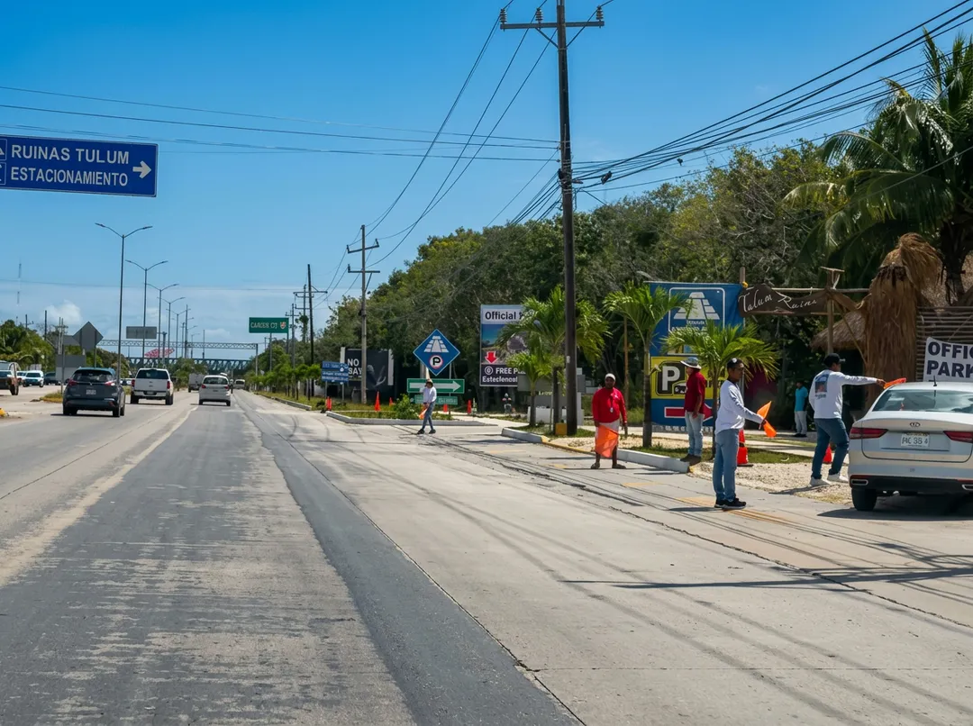 People stand in a highway lane near parked cars and commercial signs, with power lines and tropical vegetation visible along the roadside