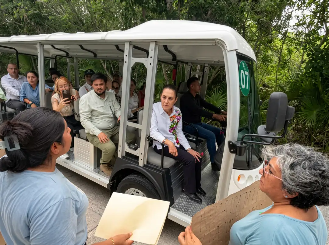 A tour tram filled with passengers stops on a wooded path while people stand outside looking at documents
