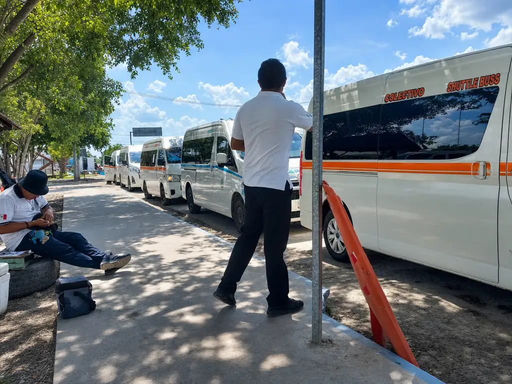 Man in white shirt stands between parked buses on a sunny street with trees overhead