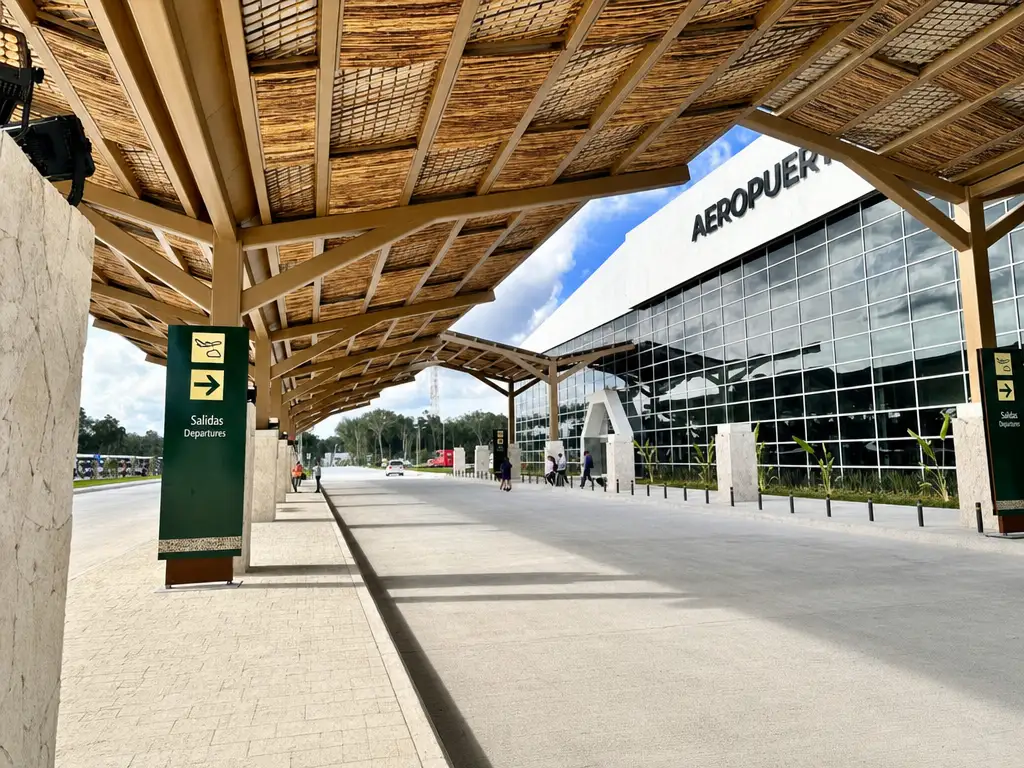 Covered walkway with directional signage leading to a modern airport terminal building with glass facade and "Aeropuerto" signage visible