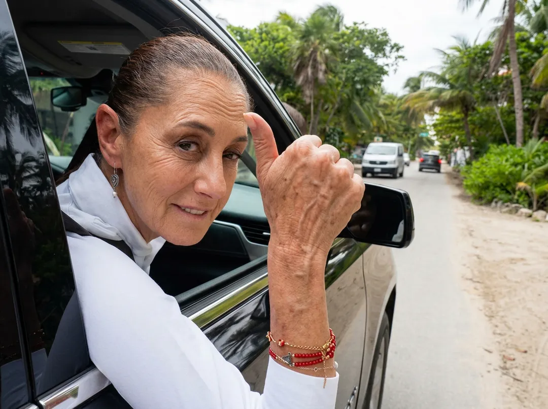 A Presidential Rescue and a Missing Mayor Mark Tulum's Turning Point Woman giving a thumbs up gesture from a car window on a sandy road lined with palm trees and other vehicles
