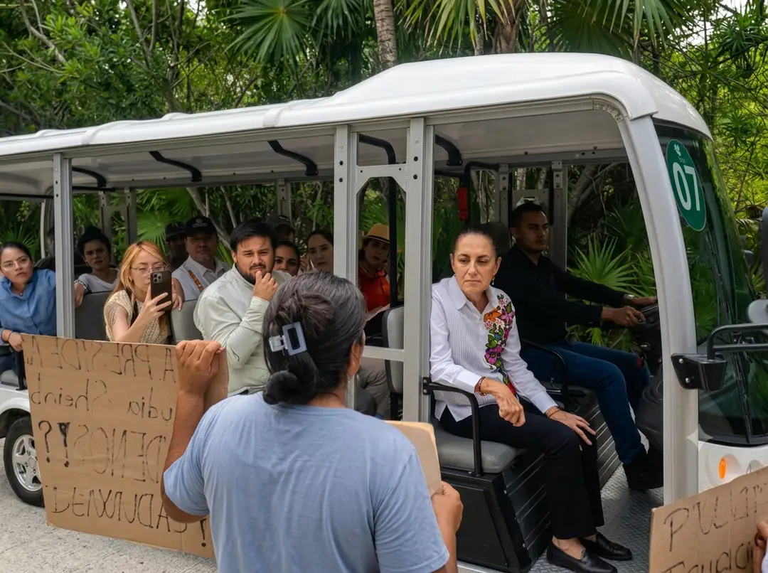 A woman sits inside a white bus surrounded by passengers while a man outside holds a cardboard sign