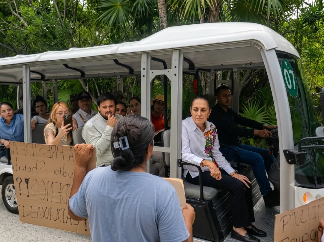 Sheinbaum Tells Conanp Chief Not to Follow the Rule as Tulum Complaints Pile Up A woman sits inside a white bus surrounded by passengers while a man outside holds a cardboard sign