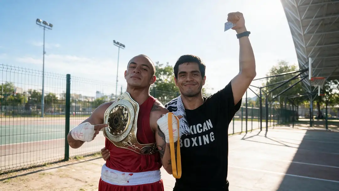Two boxers stand at an outdoor sports facility, one wearing a championship belt and red boxing attire while the other raises his fist in celebration