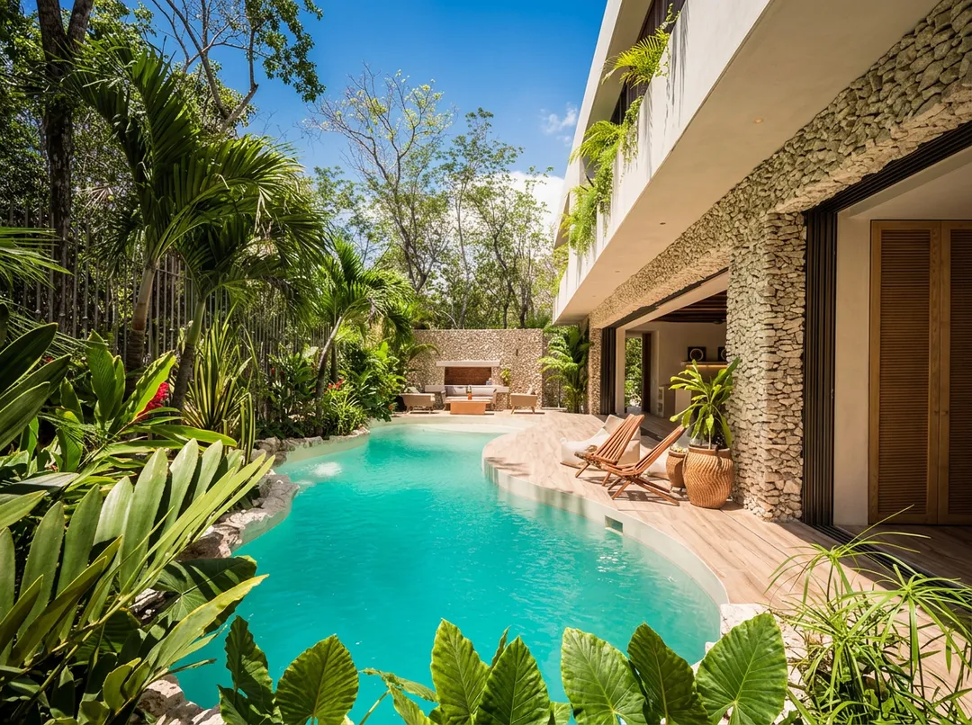 A modern residential courtyard features a turquoise swimming pool surrounded by tropical plants, lounge chairs, and a stone-and-stucco house with covered patio