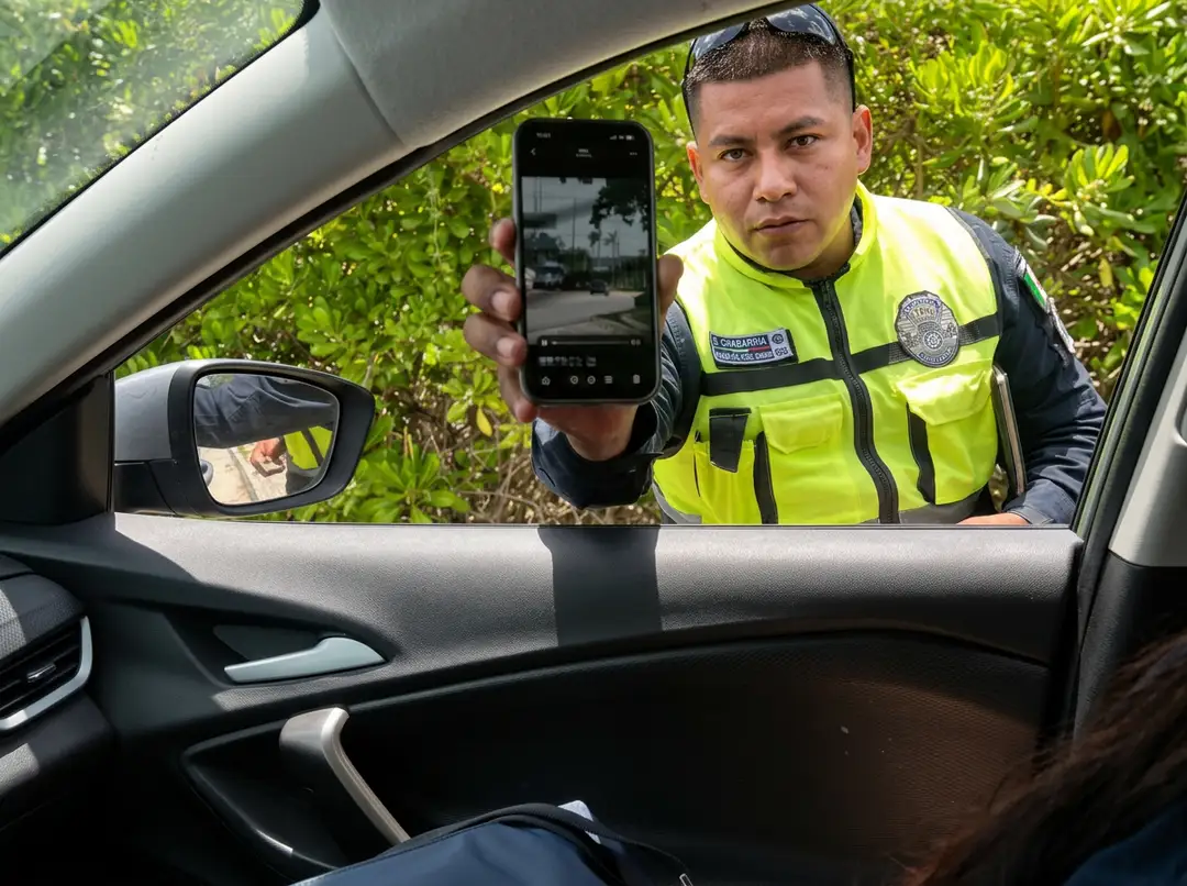 Official in yellow safety vest holds up phone displaying a photo while leaning toward car window with green foliage visible behind him