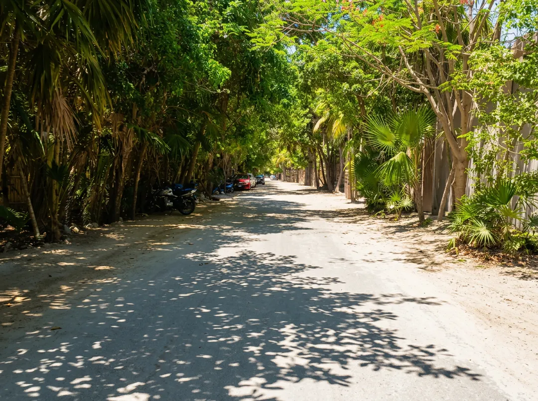 Business Leaders Tie Tulum Tourism Decline of Up to 50 Percent to Park Bundle Tree-lined sandy road with parked vehicles and dappled sunlight filtering through tropical foliage