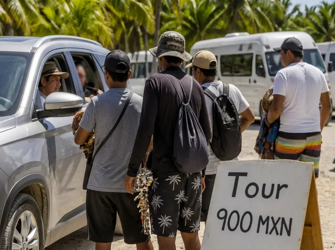 Tourists say Tulum tour touts pressured them into 900-peso tours at the ruins entrance Tour operators and tourists gather at a vehicle near a sign advertising tours for 900 Mexican pesos, with palm trees and additional vans visible in the backgrou