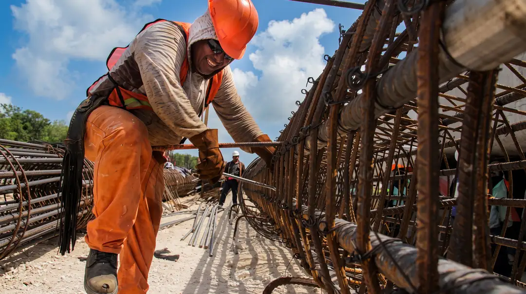 Construction worker in orange safety gear and hard hat welding metal rebar framework on an outdoor job site