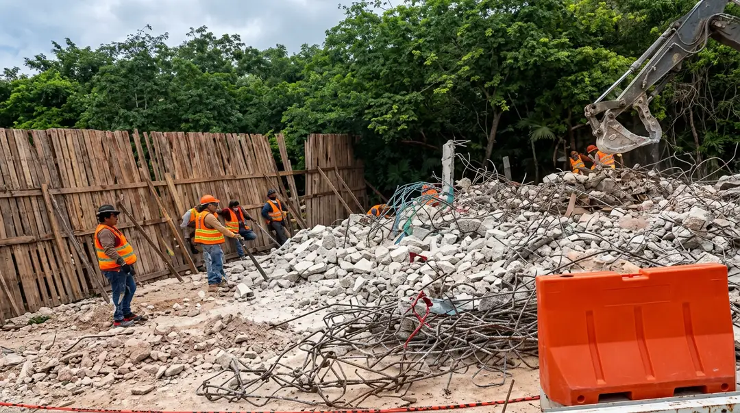 2.7 billion pesos were spent on that wall in Tulum. Removing it still has no price tag Workers in orange safety vests oversee a demolition site with piles of concrete rubble and excavation equipment among trees