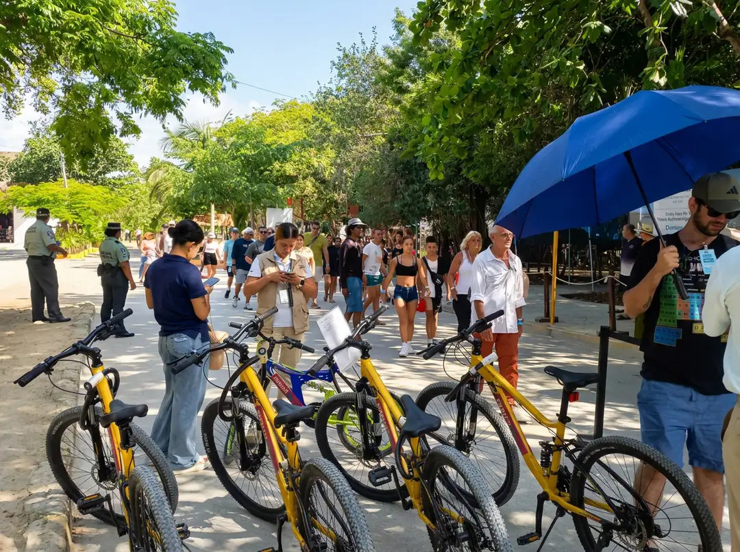 Yellow and blue bikes sit parked in a tree-lined public square while people gather under umbrellas and in the shade on a sunny day